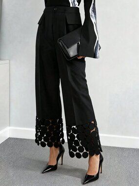 Black Elegant Women's Pants With Lace Hem And Polka Dot Design